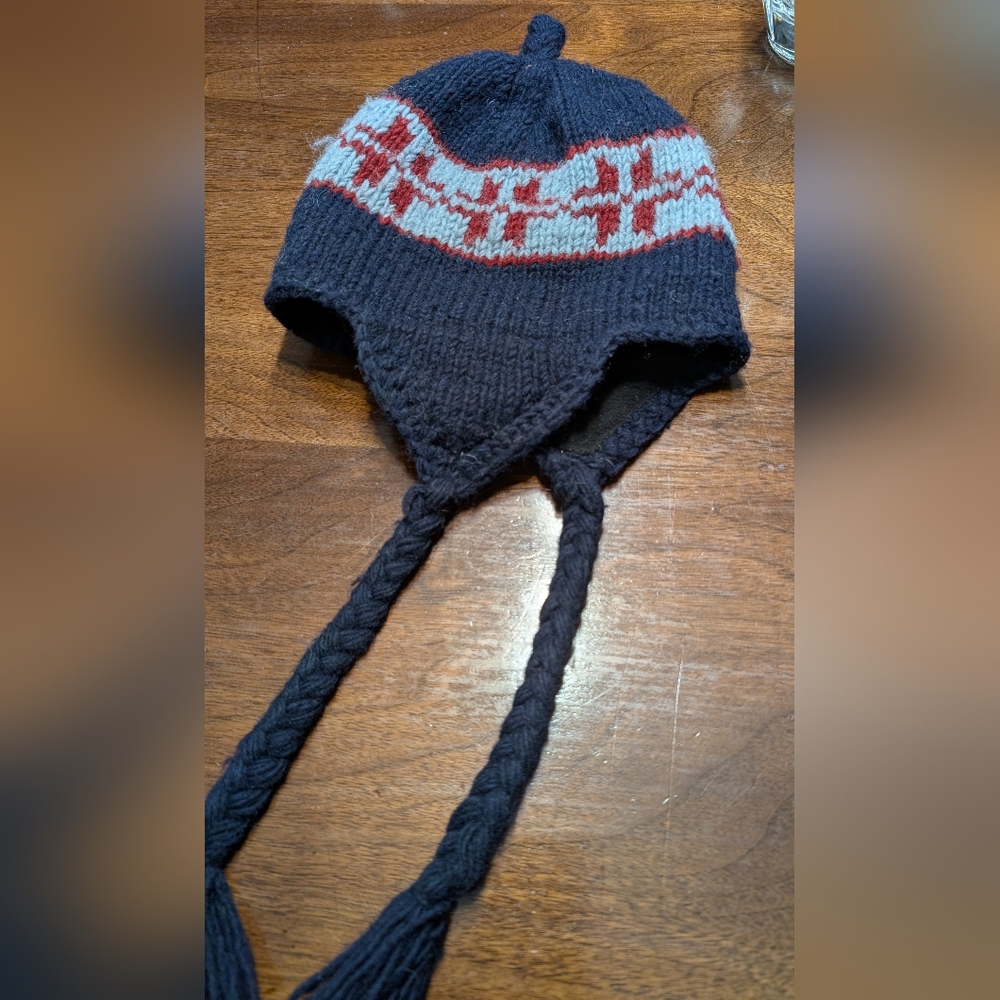 Handmade From Nepal Cozy Knit Kids Earflap Hat - Blue, Grey and Red